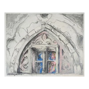 1995 Architectural Mixed Media Etching Window Arch