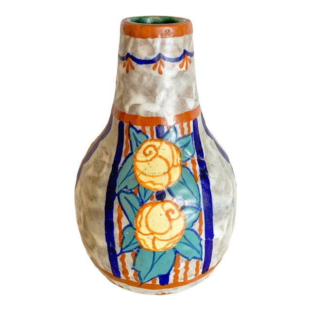 1920s French Art Nouveau Polychrome Pottery Vase by Louis Dage, Signed For Sale