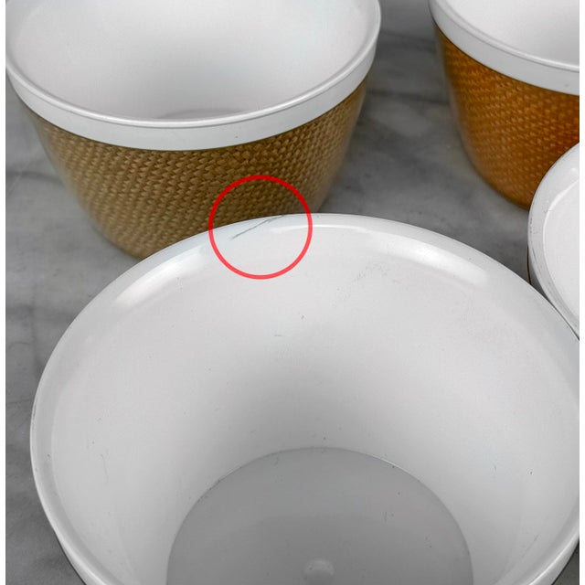 Wood Mid 20th Century Mid-Century Boho Insulated Wicker Acrylic Serving Bowls W/ Caddy - Set of 4 For Sale - Image 7 of 9