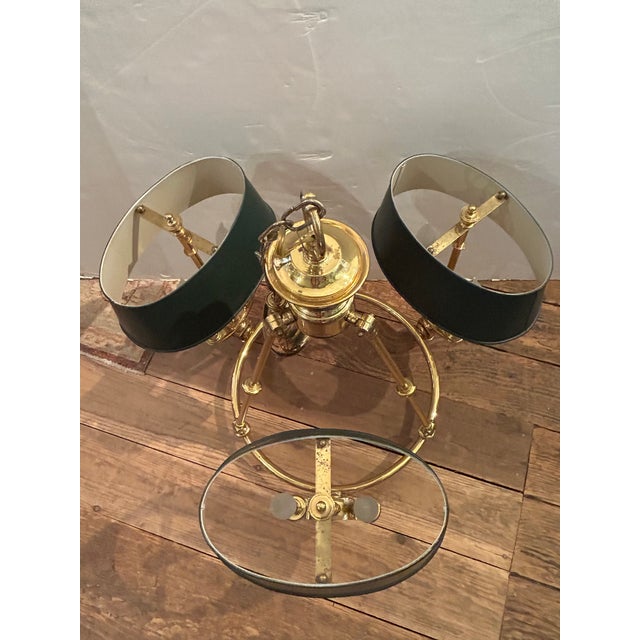 1980s Bouillotte Style Brass 3 Arm Chandelier With Green Tole Shades by Lightolier For Sale - Image 11 of 16