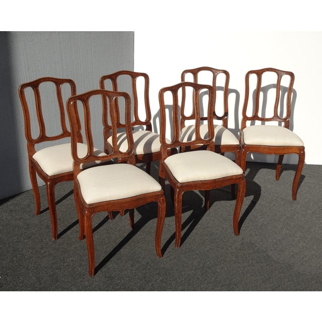 French Country Six Vintage French Country Oak White Dining Room Chairs For Sale - Image 3 of 12