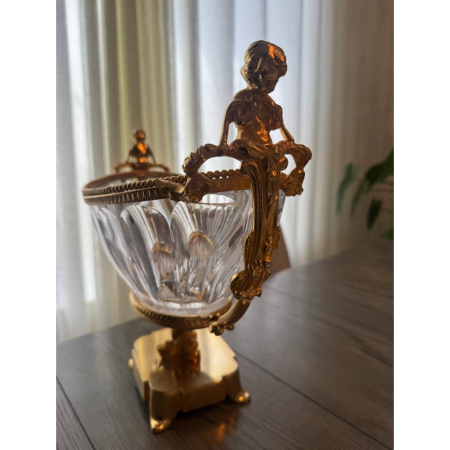 Metal Signed “Martin Benito” French Empire-Style Gilt Bronze & Crystal Centerpiece Bowl – Cherub & Dolphin Motif For Sale - Image 7 of 9
