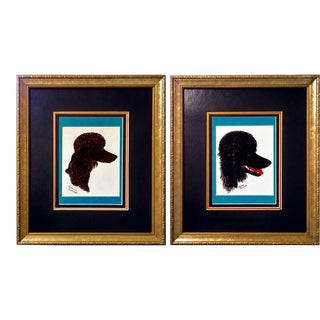 Late 20th Century Roxanna Quinnell French Poodle Pen and Ink Drawings, Framed - a Pair For Sale