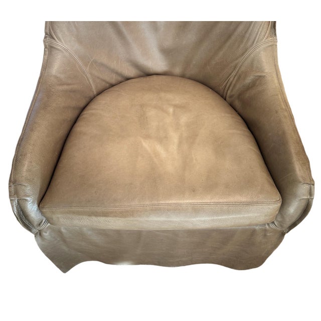 Pair of Taupe Leather, Skirted Slip-Covered Verellen Chairs on Casters For Sale - Image 10 of 14