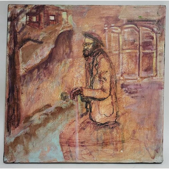 Charming oil on canvas of a man performing a ritual hand washing ritual by what appears to be a stream. It is unframed. If...