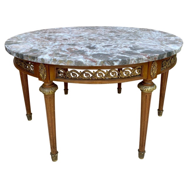 20th Century French Louis XVI Style Bronze, Round Marble & Oak Table For Sale - Image 15 of 18