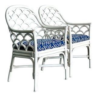 Vintage Coastal Scalloped Rattan Lounge Chairs - A Pair For Sale