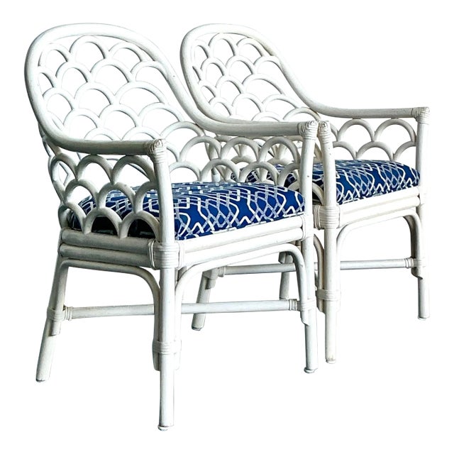 Vintage Coastal Scalloped Rattan Lounge Chairs - A Pair For Sale