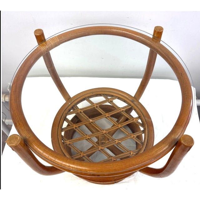 1970s 1970s Bent Rattan Round Side Table With Glass Top and Lattice Shelf For Sale - Image 5 of 5