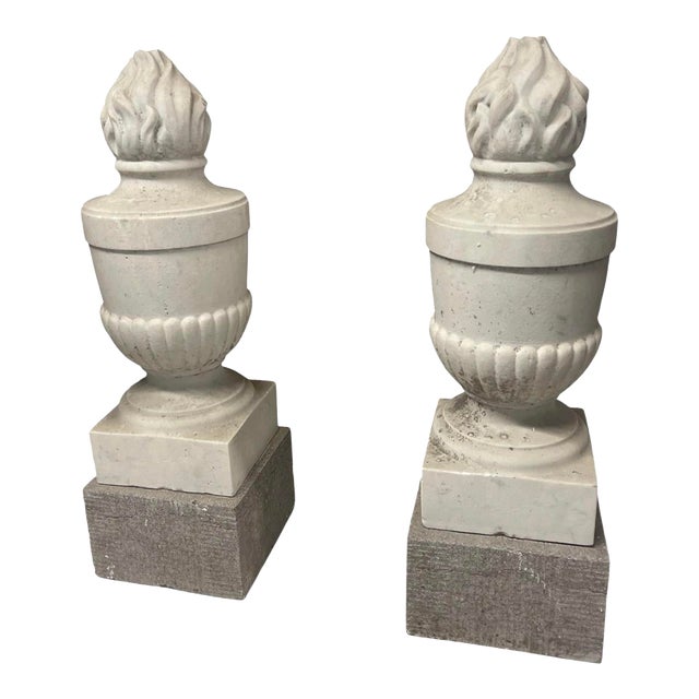A Pair of Vintage Neoclassical Carved White Marble Flame Finials on Granite Bases For Sale