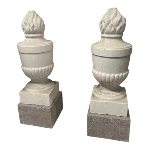 A Pair of Vintage Neoclassical Carved White Marble Flame Finials on Granite Bases