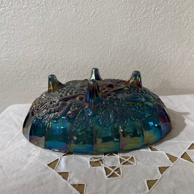 Modern Vintage Indiana Iridescent Carnival Glass Blue Grapefruit Footed Bowl For Sale - Image 3 of 9