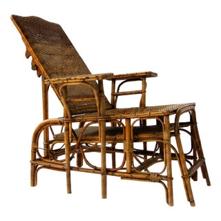 French Riviera Rattan and Bamboo Recliner Chair, 1920s For Sale