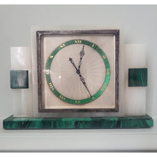 Metal French Art Deco Onyx and Malachite Veneer Mantel Clock, 1920s For Sale - Image 7 of 7