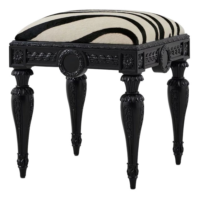 French Louis XVI Black Carved Zebra Vanity Stool For Sale