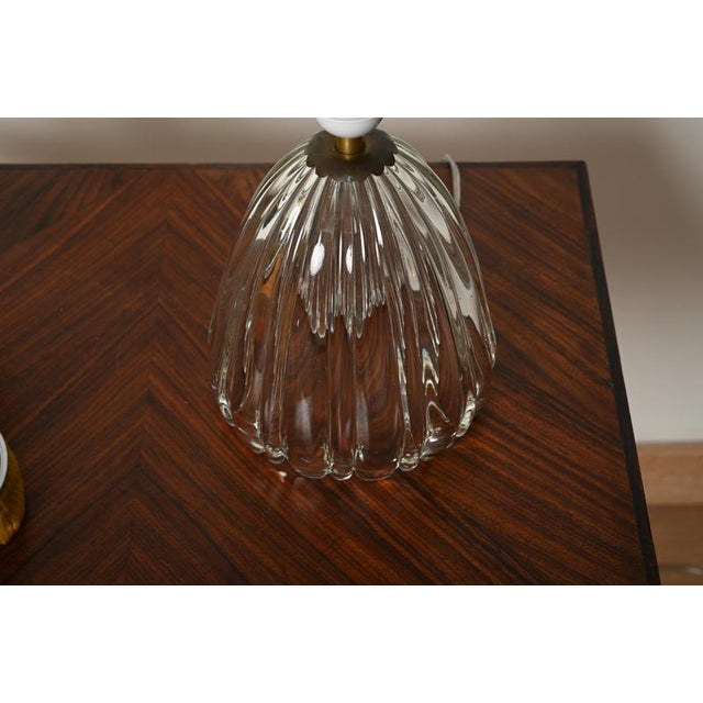 Murano Ribbed Glass and Brass Table Lamp with Pink Lampshade by Barovier, Italy, 1950s For Sale - Image 11 of 13