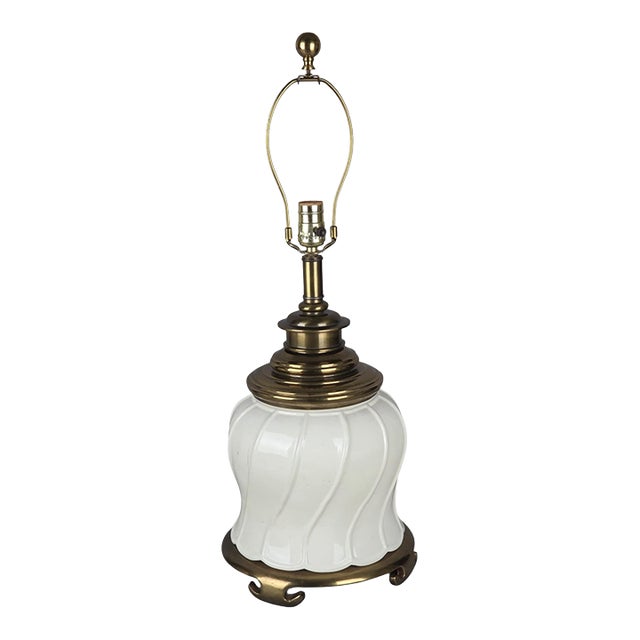 1970s Morris Greenspan Hollywood Regency White Ceramic & Brass Table Lamp For Sale