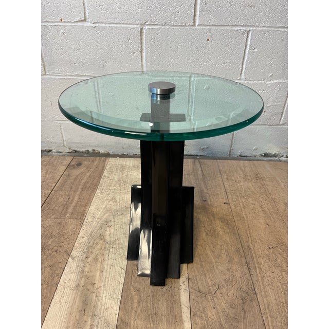 Paint Karl Springer Style Black Lacquer Pedestal Side Table With Glass Top For Sale - Image 7 of 11