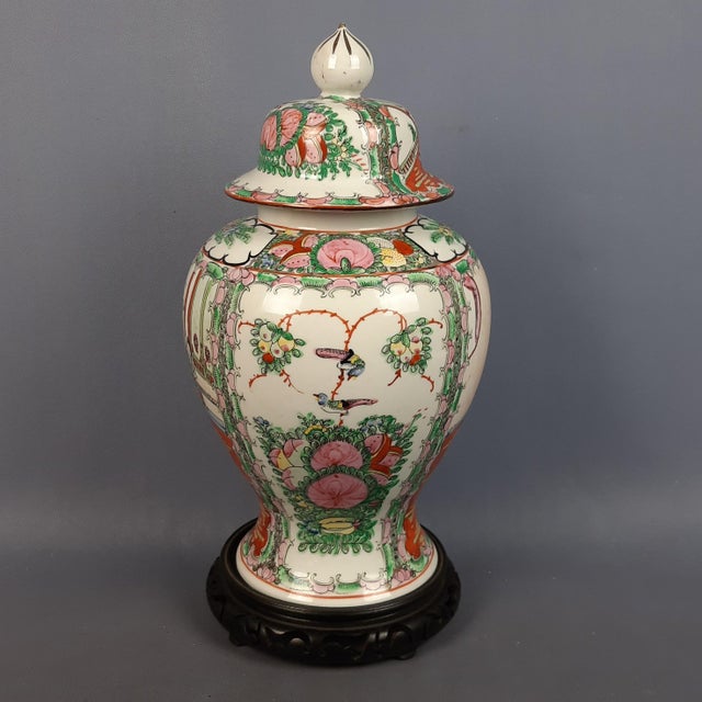 Vintage Hand-Painted Potiche Porcelain Vase with Wooden Base, 1950s For Sale - Image 3 of 16
