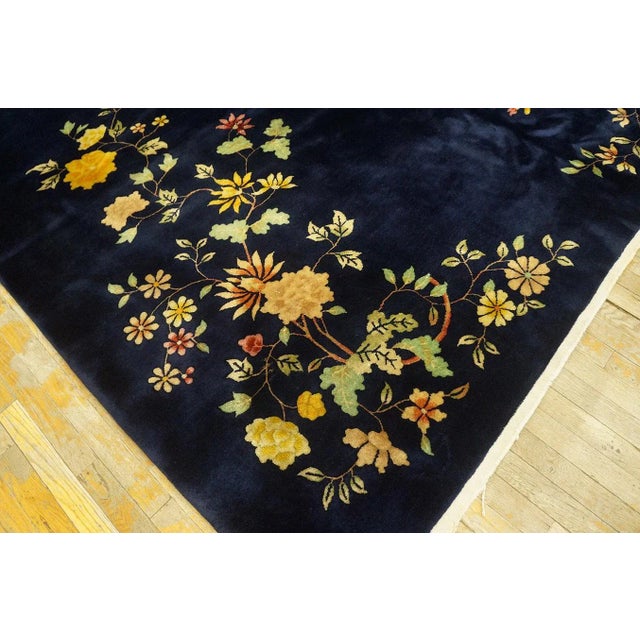 1920s Navy Blue Floral Tree Antique Chinese Art Deco Carpet 8' 10'' X 11' 7'' Knotted Wool Rug For Sale In New York - Image 6 of 9