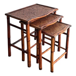 Vintage Boho Woven Rattan Nesting Tables - Set of 3 For Sale