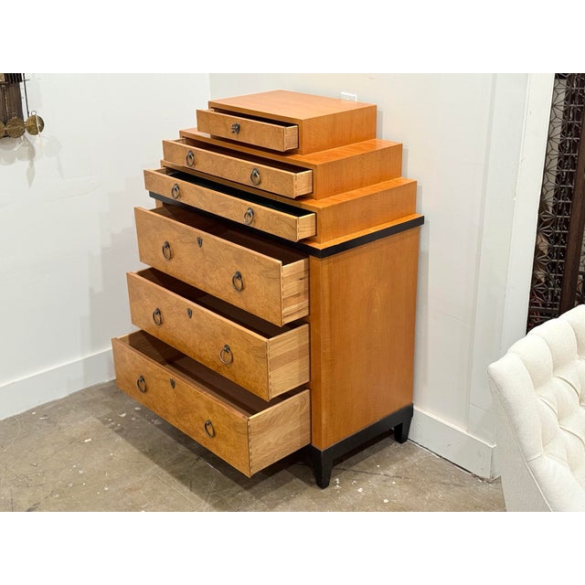 Wood Vintage Biedermeier Style Chest by Baker - Burl Ash + Maple - High Boy Dresser For Sale - Image 7 of 11