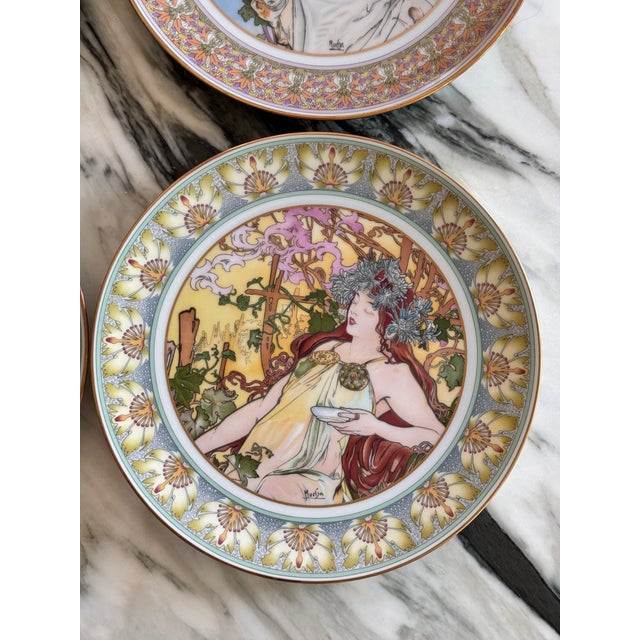 Ceramic 1985 Alphonse Mucha Art Nouveau Ladies of the Seasons Decorative Wall Plates - Set of 4 For Sale - Image 7 of 18
