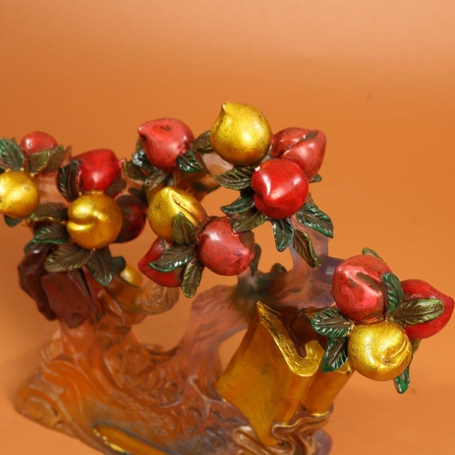 Peach Vintage Style Liuli Glass Peach Tree Sculpture With Inscription For Sale - Image 8 of 9