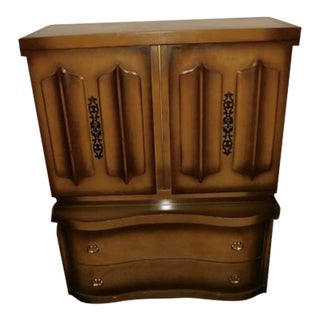 Vintage Mid Century Solid Wood Bowed Front Armoire With 8 Drawers For Sale