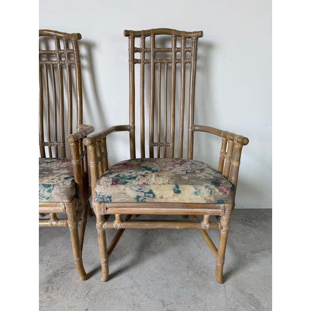 1980s Vintage Coastal Organic Rattan and Leather Arm Dining Chairs – A Pair For Sale - Image 5 of 12