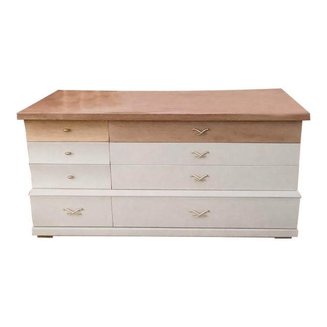 1960s Mid-Century Modern Neutral Dresser With Natural Wood Top For Sale