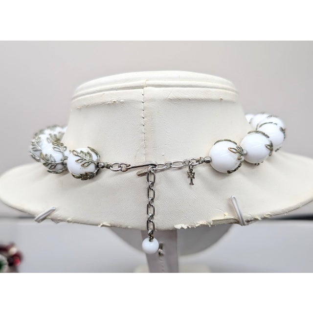 Metal Vintage 1950s Signed Crown Trifari Silvertone White Beaded Filigree Necklace For Sale - Image 7 of 10