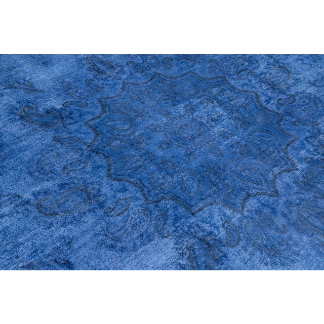 10x13 Vintage Overdyed Persian Wool Rug - Electric Blue Medallion Hand-Knotted For Sale In New York - Image 6 of 10