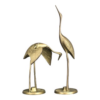 Pair of Vintage Solid Brass Crane Heron Statues For Sale
