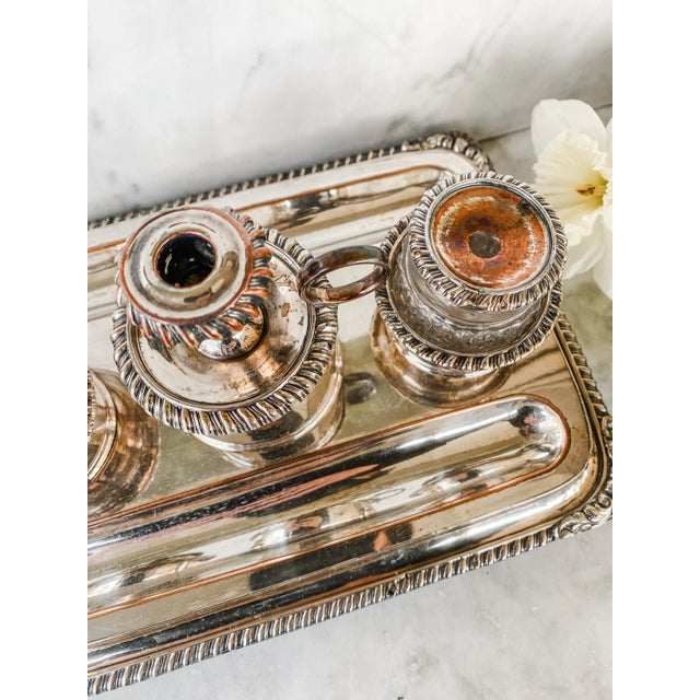 English Rare Early 19th Century Old Sheffield Plate Inkwell Stand With Original Cut Glass Inserts, Circa 1820 For Sale - Image 3 of 10