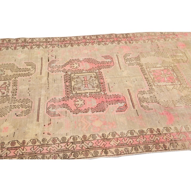 1960s Vintage Persian Distressed Handmade Geometric Beige Wool Rug For Sale In New York - Image 6 of 7