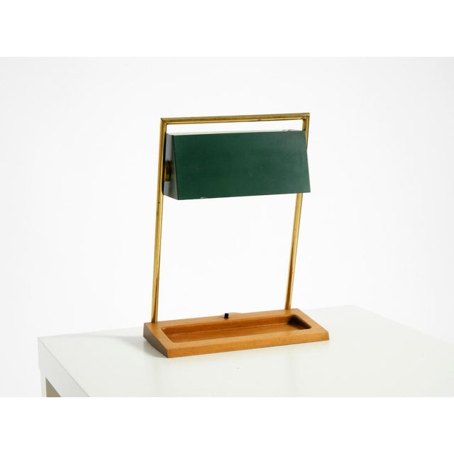 Large Table Lamp with Brass Frame, Teak Base, and Green Lampshade from Temde, 1960s For Sale - Image 4 of 18
