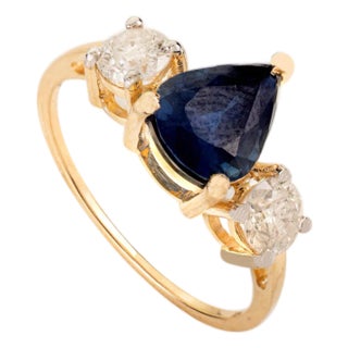1.7 Ct Pear Sapphire Diamond Early Art Deco Ring Size 6 in 14k Gold For Sale