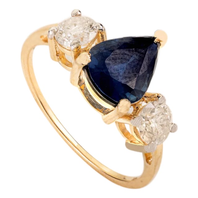1.7 Ct Pear Sapphire Diamond Early Art Deco Ring Size 6 in 14k Gold For Sale