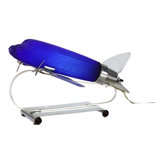 Vintage Chrome & Cobalt Blue Art Deco Dc-3 Airplane Table Lamp C1977 For Sale