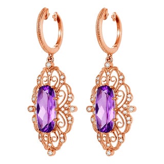 1920s 14K Pink Rose Gold Art Deco Diamond & Amethyst Drop Dangle Earrings, Pair For Sale