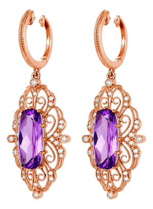 1920s 14K Pink Rose Gold Art Deco Diamond & Amethyst Drop Dangle Earrings, Pair