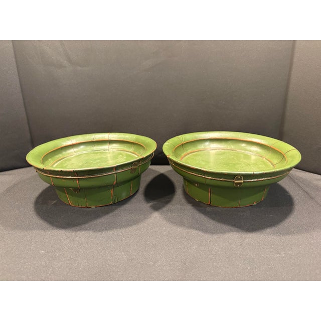 Asian Vintage Wooden Asian Decorative Bowls in Avocado Green - A Pair For Sale - Image 3 of 9