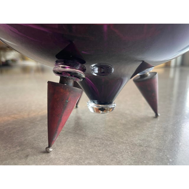 1980s Memphis Design Ettore Sottsass Style Metal Footed Amethyst Glass Bowl Fontana Arte Style For Sale - Image 10 of 12