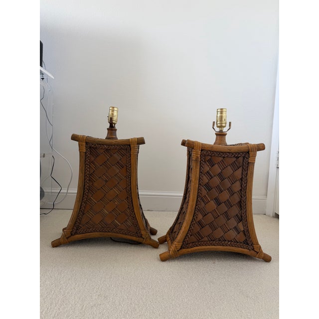 Wood Vintage Bamboo and Leather Strap Table Lamps - A Pair For Sale - Image 7 of 12