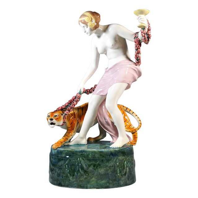 Large Art Nouveau Bacchante with Tiger Figurine by Rose for Goldscheider, Vienna, Austria, 1922 For Sale