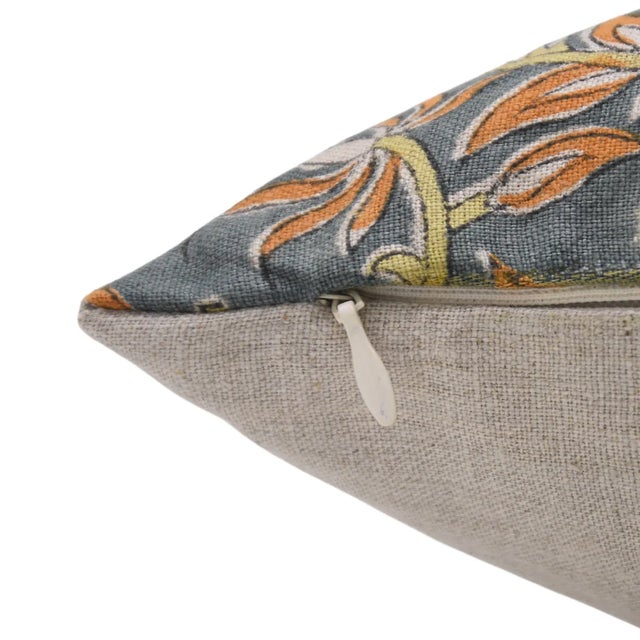 Modern Square Throw Linen Pillow Cover With Floral Block Printed 14x36 Inch- Kamal Dutta For Sale - Image 3 of 5