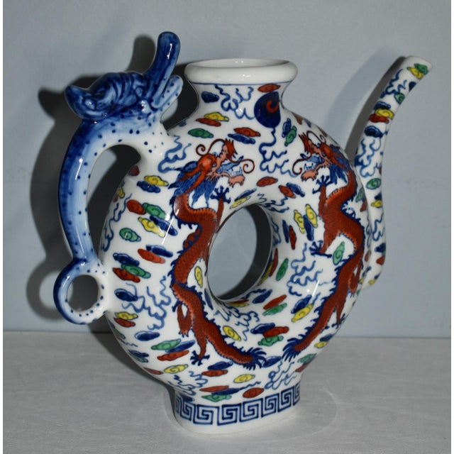Vintage Chinese Blue & White Dragon Phoenix Donut Hole Pitcher/Teapot For Sale - Image 11 of 12