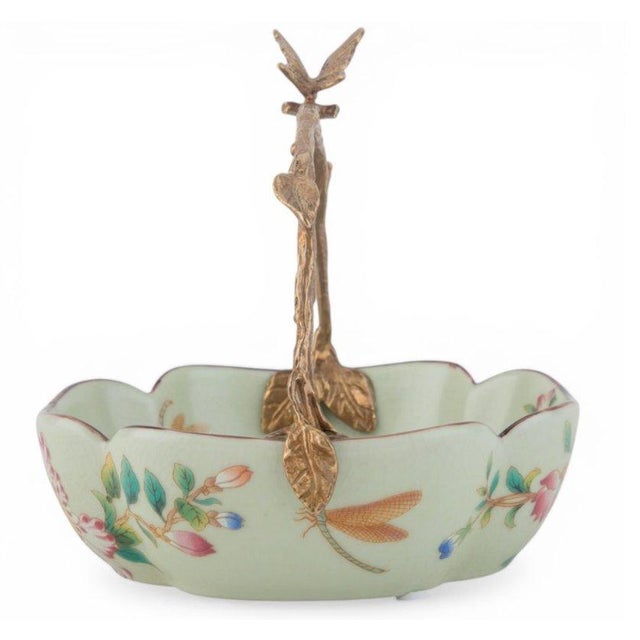 Green Floral Vine Painted Porcelain Bowl With Bronze Ormolu Basket Handle For Sale - Image 8 of 11
