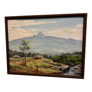 African Painting Kenya Village Scene With Mt. Kilimanjaro in Background Oil Painting on Canvas